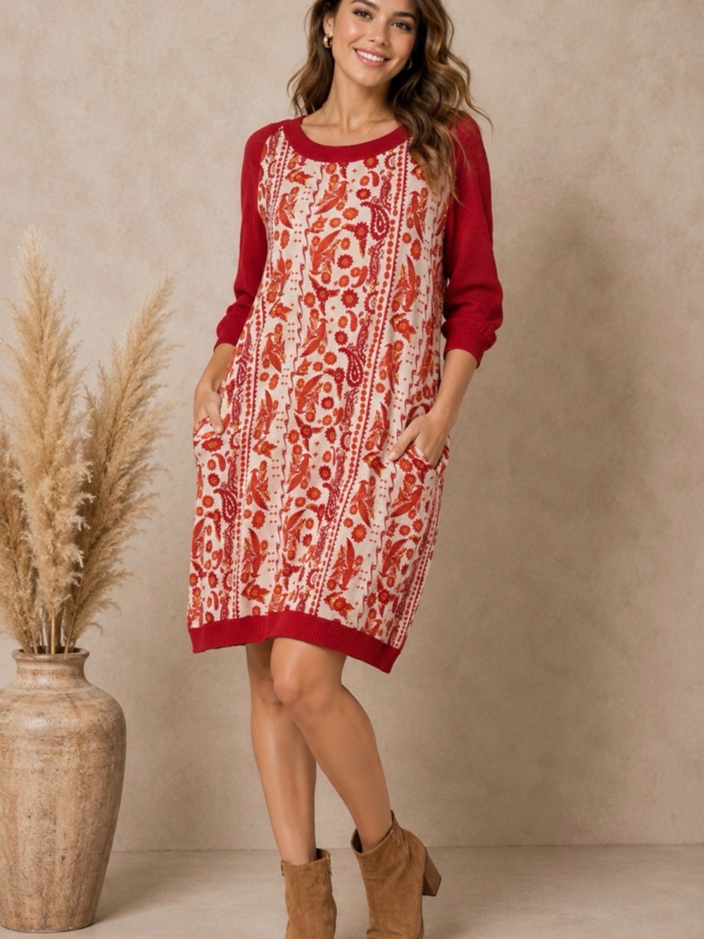 Rebecca Minkoff Paisley Print Sweater Dress Medium Red Boho